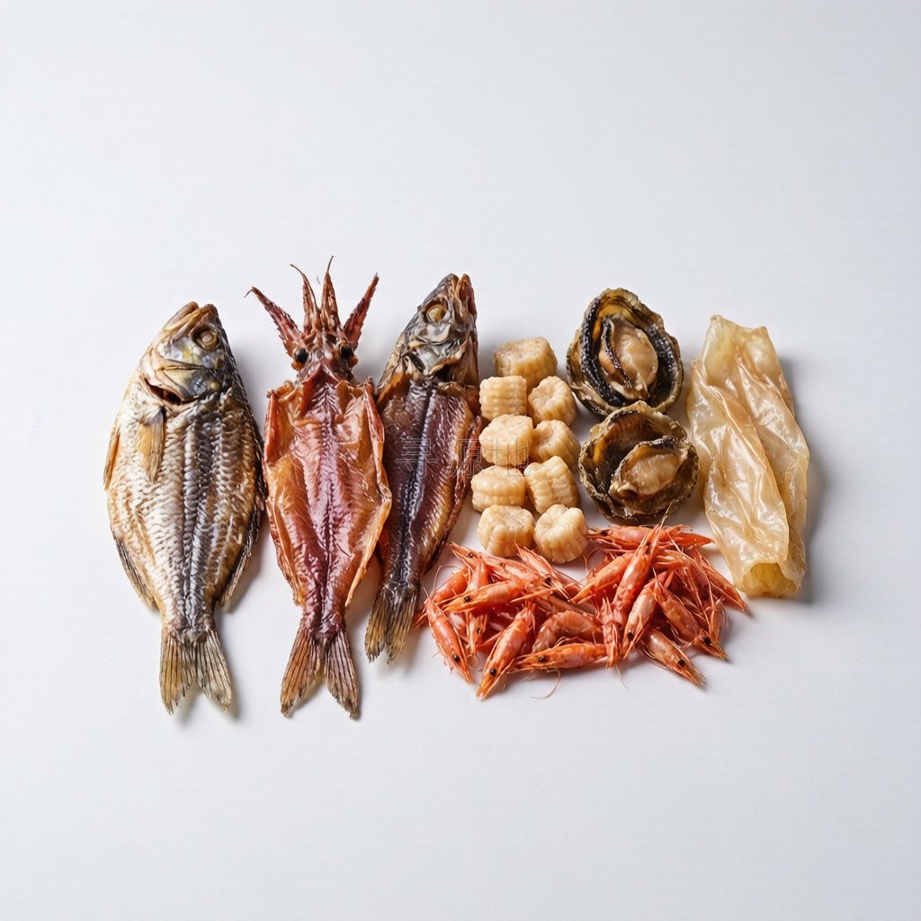 一夜埕咸鱼、鱿鱼干、虾米、瑶柱、鲍鱼干、花胶等海味干货
